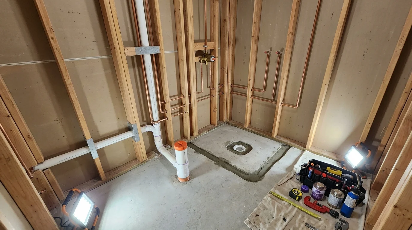 Bathroom rough-in plumbing during remodel by Johns Plumbing LLC in Bernardston
