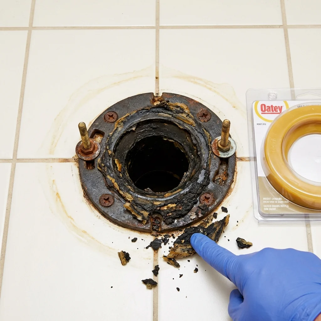 Failed wax ring showing water seepage at the base of a toilet in a Bernardston, MA home