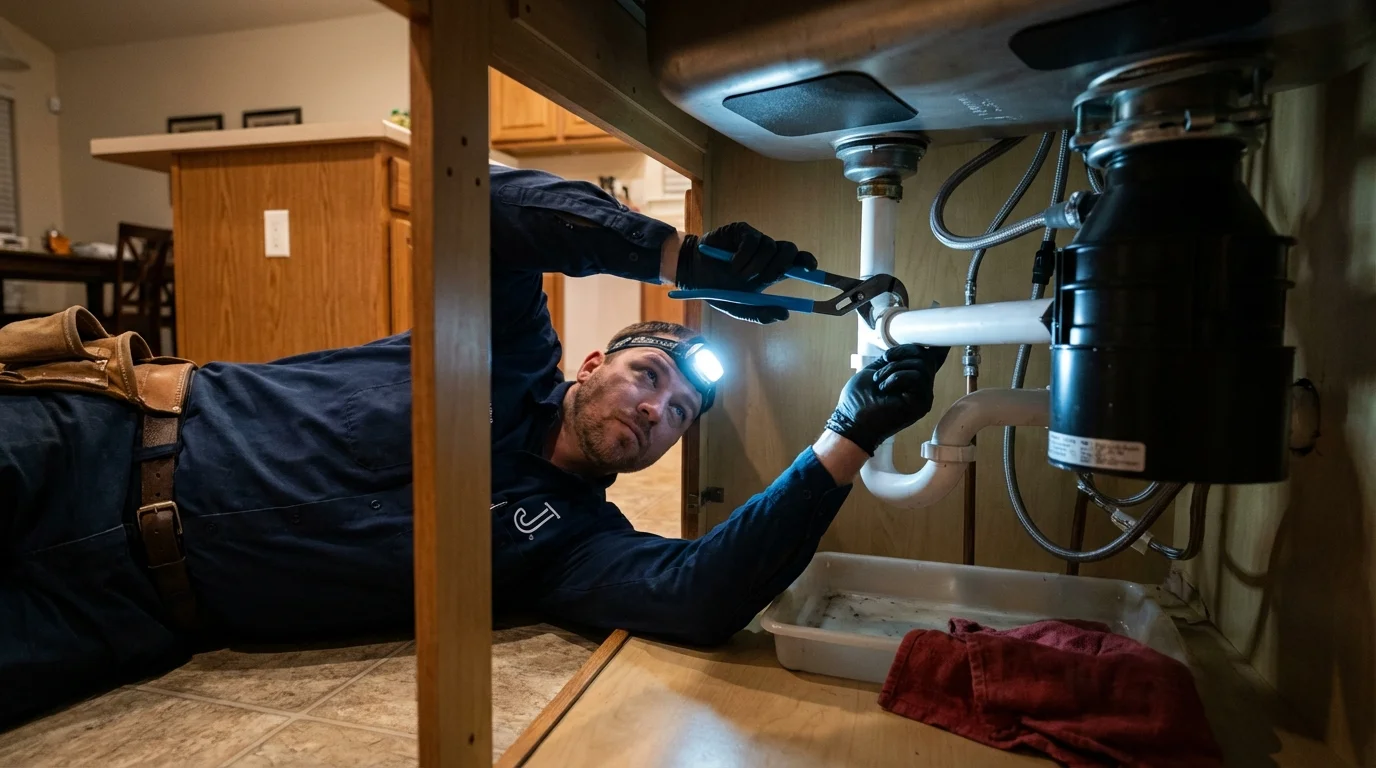 P-trap and supply line connections under a kitchen sink showing a common leak point in Bernardston, MA